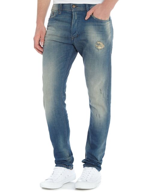 Diesel Tepphar 854v Carrot Fit Green Cast Destroyed Jean In Blue For