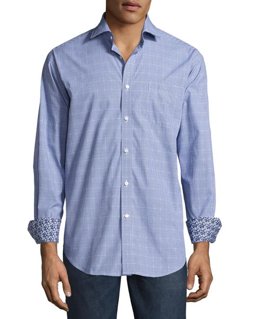 Neiman marcus Check-print Button-front Shirt in Blue for Men | Lyst