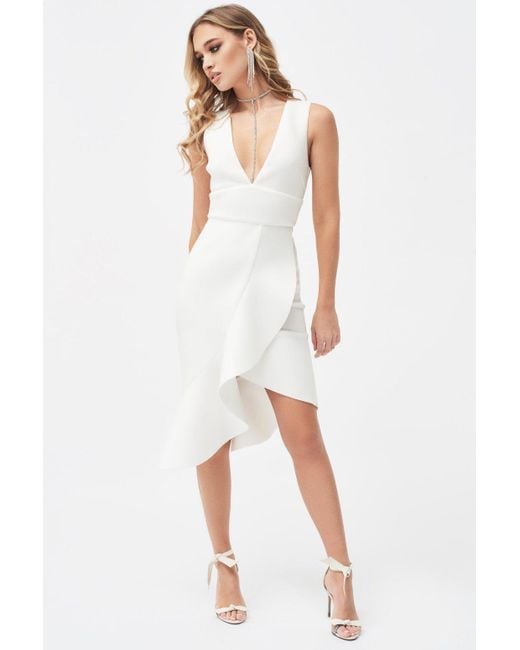 Lavish Alice Synthetic V-neck Ruffle Wrap Scuba Dress in White - Lyst