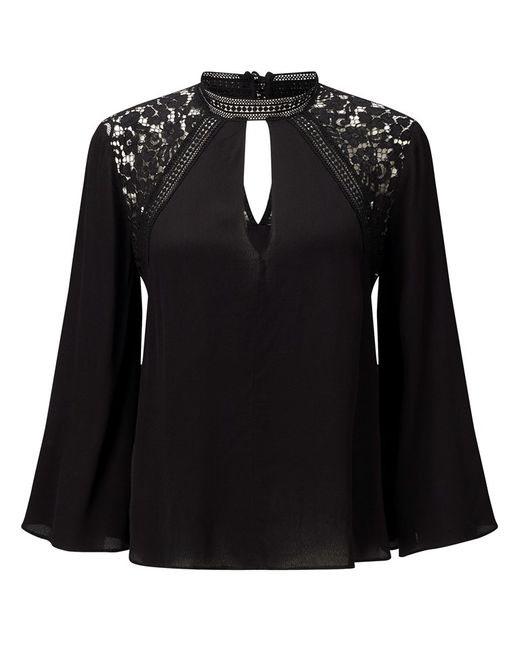 Layered Bell Sleeve Keyhole Back Lace Panel Blouse Layered Bell Sleeve Keyhole Back Lace Panel Blouse