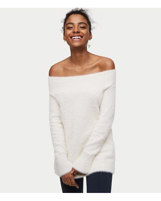 Loft Petite Fuzzy Off The Shoulder Tunic Jumper in White | Lyst