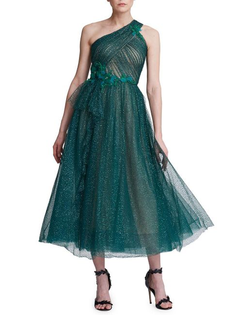 Marchesa notte One-shouldered Lurex Tulle Cocktail Dress in Green - Lyst