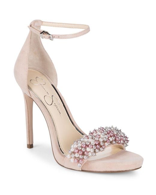 Jessica simpson Rusley Embellished Suede Stiletto Sandals in Pink | Lyst