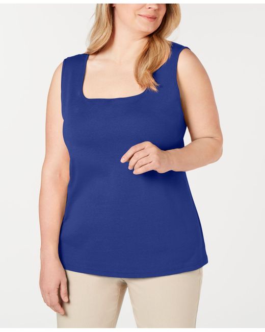 Karen Scott Plus Size Cotton Square-neck Tank Top, Created For Macy's in Blue - Lyst
