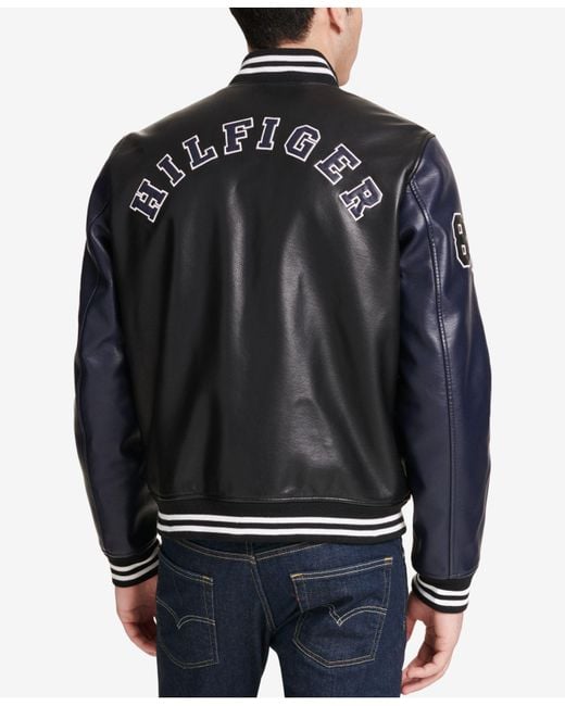 Lyst Tommy Hilfiger Faux Leather Varsity Jacket Created For Macys In Black For Men 5452