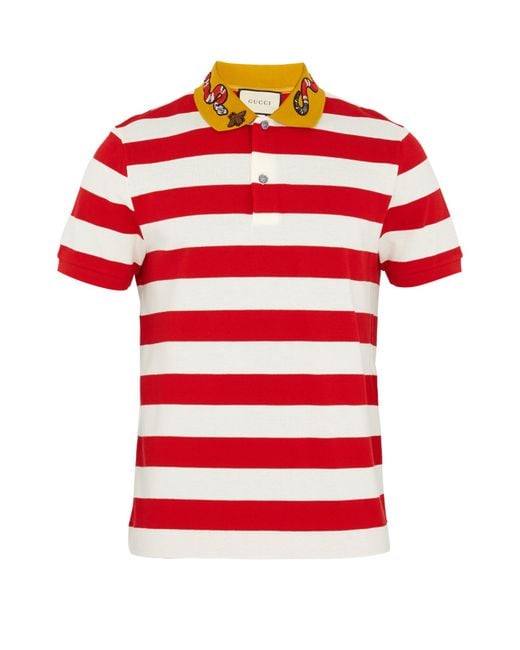 Lyst - Gucci Embroidered Striped Polo Shirt in Red for Men