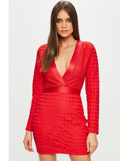 Missguided Red Lace Plunge Bodycon Dress In Red Save 60 Lyst 