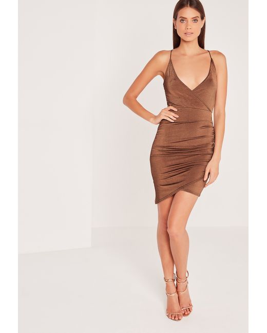 Missguided Brown Strappy Wrap Bodycon Dress in Brown Lyst