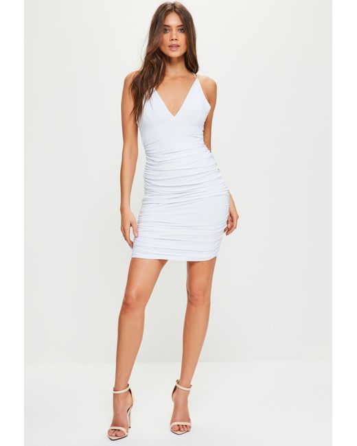 white slinky strappy ruched back bodycon dress