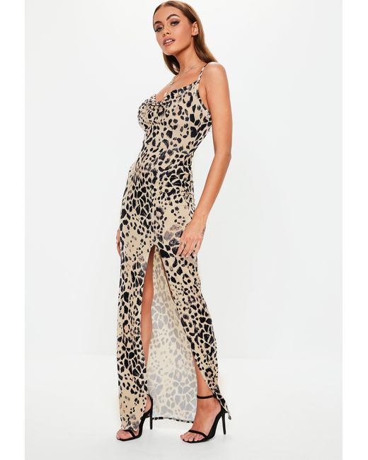 Lyst - Missguided Nude Leopard Print Thigh Split Cowl Neck 