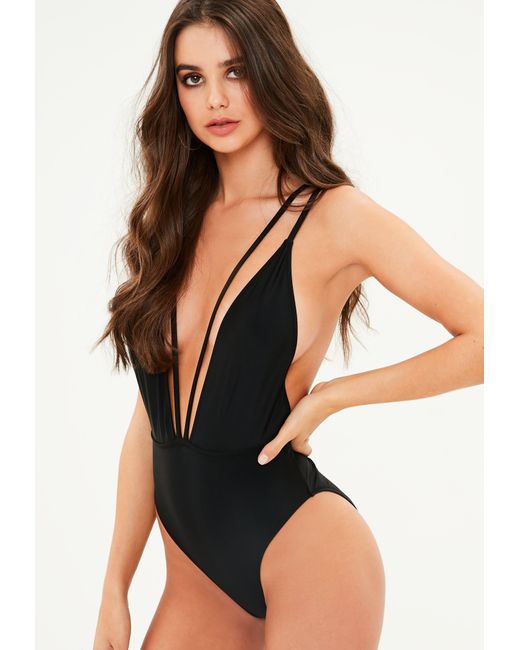 Missguided Black Double Strap Plunge Swimsuit In Black Lyst