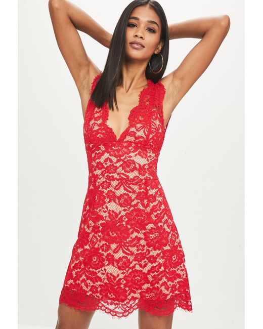 Lyst Missguided Red Lace Plunge Skater Dress In Red