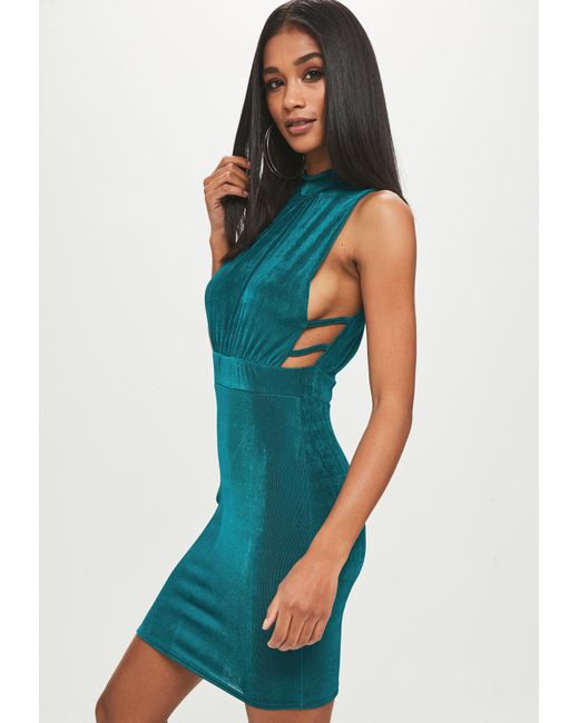 Lyst - Missguided Teal Slinky High Neck Dress in Blue