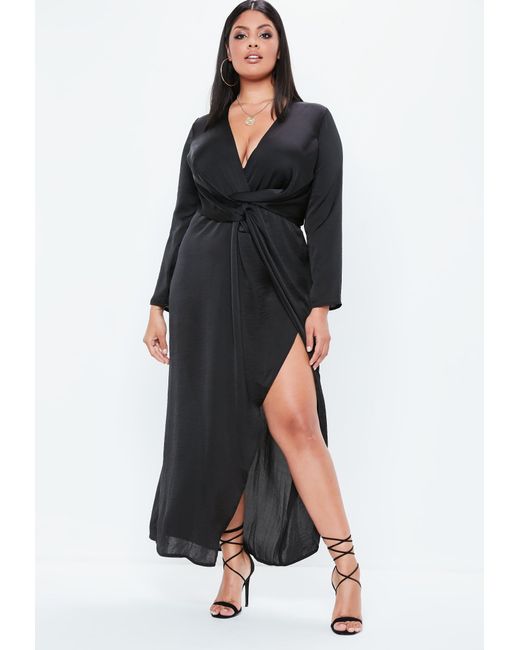 Lyst Missguided Plus Size Black Satin Thigh Split Wrap Maxi Dress In