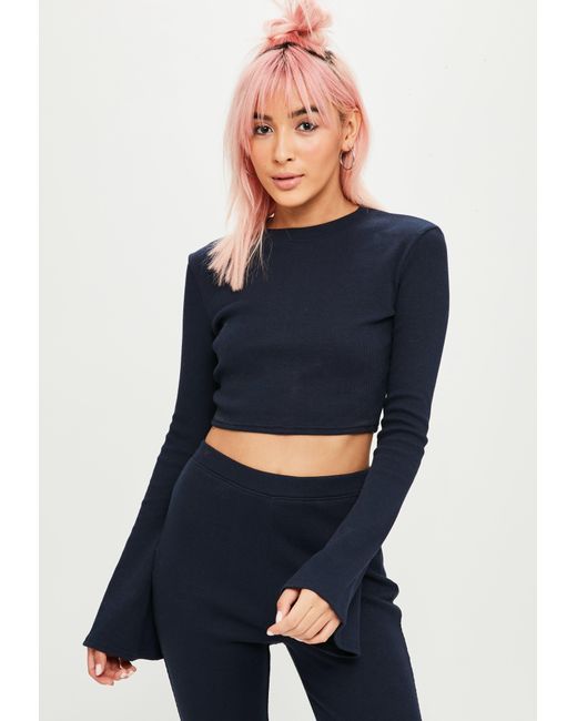 Lyst - Missguided Petite Navy Flare Sleeve Crop Top Co Ord in Blue