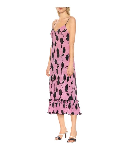 ganni pleated satin dress pink