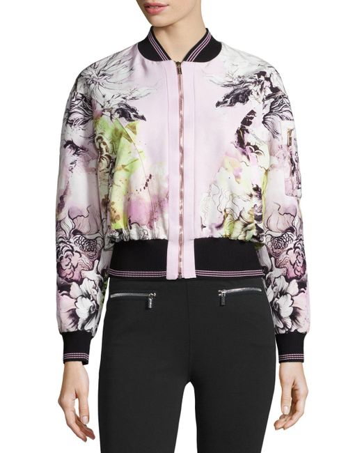 roberto cavalli floral print zip front bomber jacket in pink lyst roberto cavalli floral print zip front bomber jacket in pink lyst