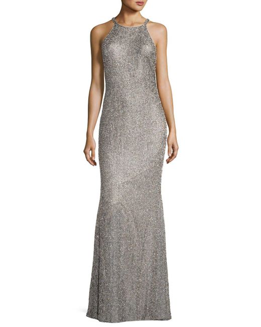 Badgley mischka Beaded Sleeveless Halter Racerback Column Evening Gown ...