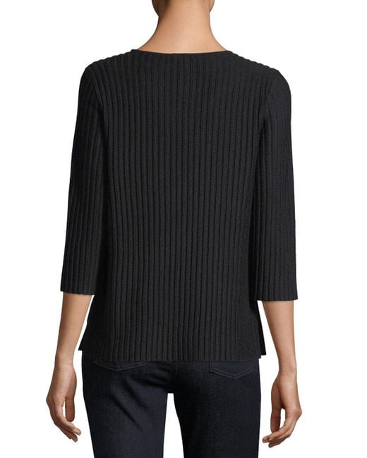 Eileen fisher 3/4-sleeve Fine-ribbed Wool Top in Black - Save 8% | Lyst