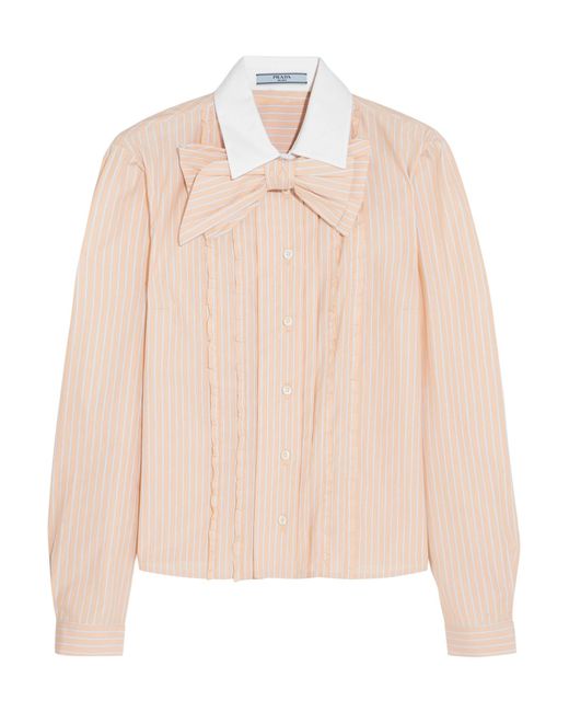 Prada Bow-embellished Ruffled Striped Cotton Shirt - Save 50% | Lyst