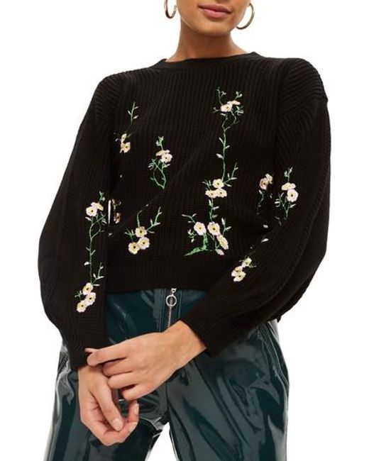 Lyst - Topshop Floral Embroidered Sweater in Black