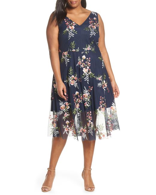 Lyst - Vince Camuto Floral Embroidered Mesh Midi Dress in Blue