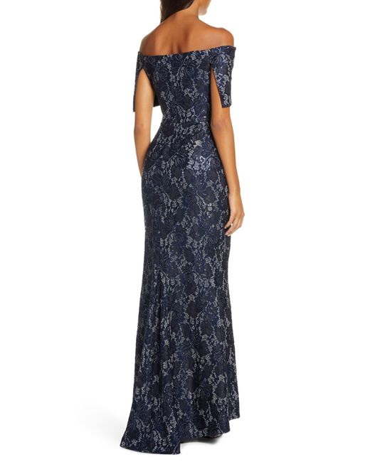 Vince Camuto Off-the-shoulder Foldover Lace Gown in Navy (Blue) - Save ...