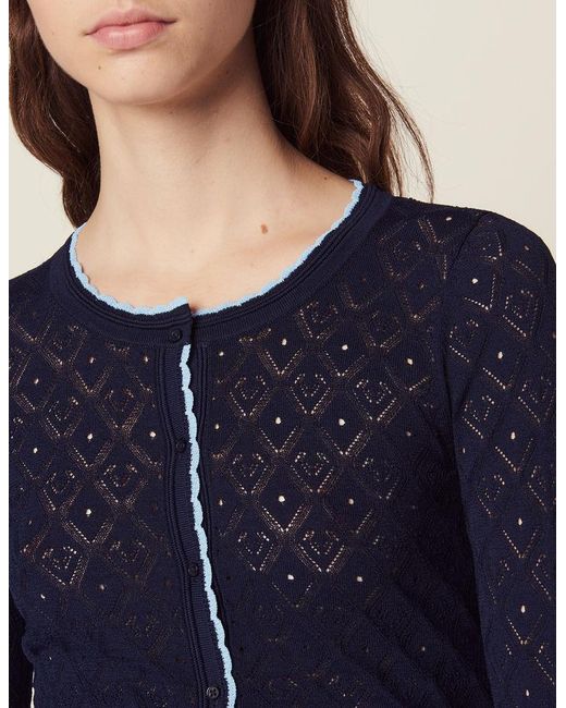 Sandro Cropped Pointelle Knit Cardigan in Blue - Lyst
