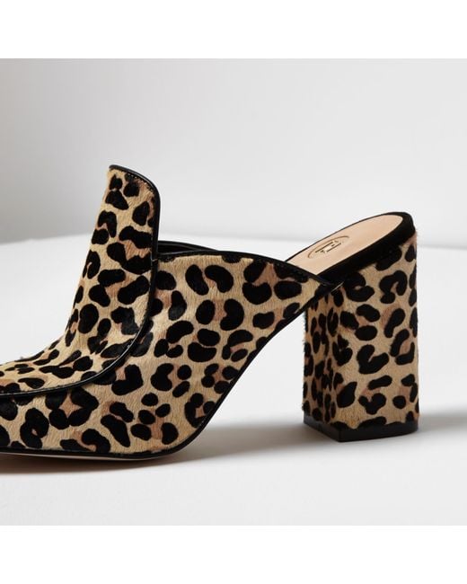 River Island Leopard Print Closed Toe Block Heel Mules In Brown Lyst