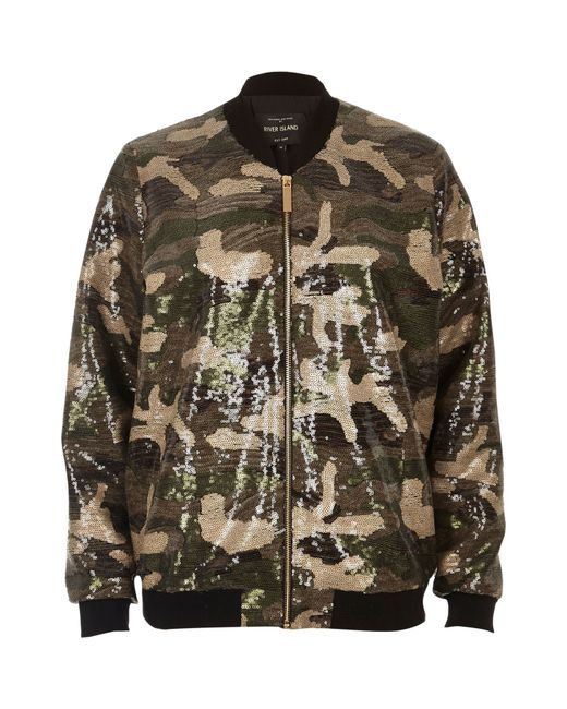 River island Khaki Sequin Camo Bomber Jacket in Multicolor | Lyst