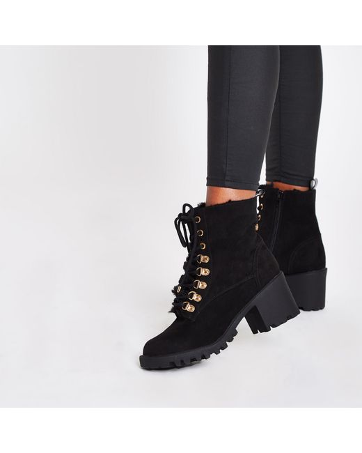 tan faux shearling lace up chunky boots