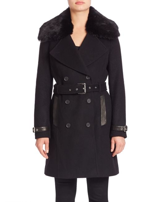 Andrew marc Trench Coat With Detachable Fur Collar in Black | Lyst