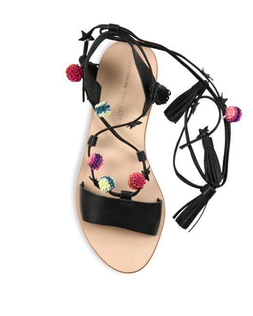 Loeffler randall Suze Pom-pom Leather Ankle-wrap Sandals in Black | Lyst