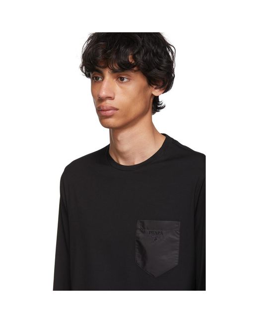 Prada Black Satin Pocket Long Sleeve T-shirt in Black for Men - Lyst