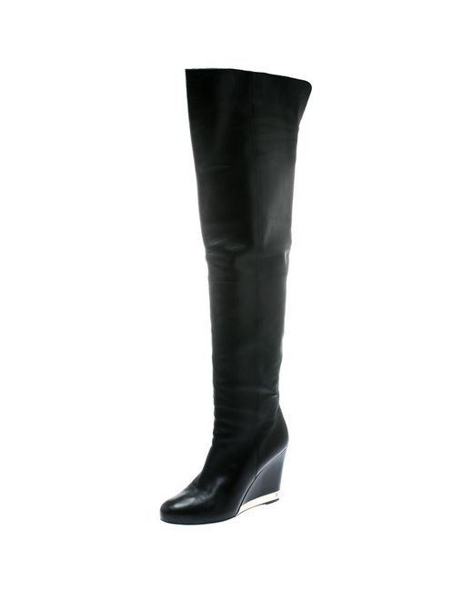 Lyst Chanel Black Leather Wedge Heel Over The Knee Boots Size 39.5 in Black