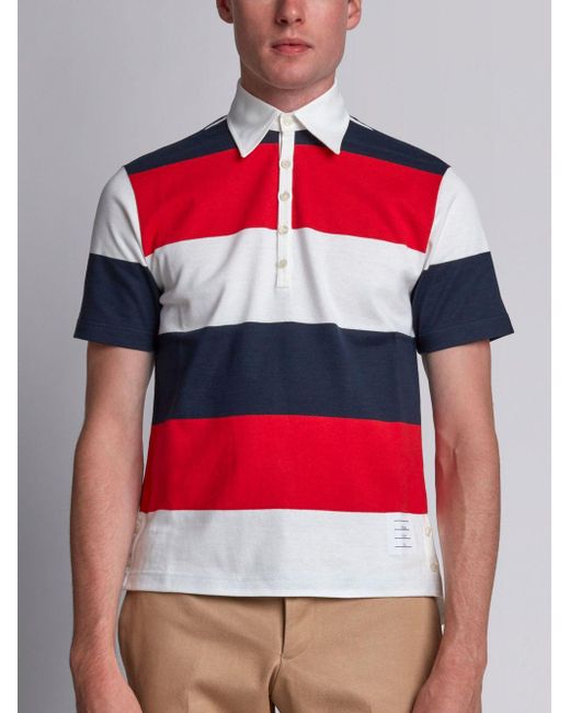 Thom Browne Short Sleeve Polo With 4 Bar Stripe In Blue And Red Thom Browne Short Sleeve Polo With 4 Bar Stripe In Blue And Red Rugby