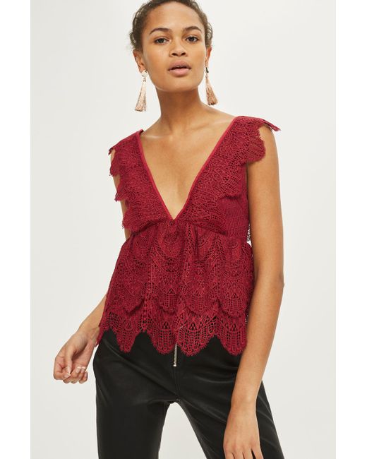 Topshop Plunge Lace Peplum Top in Red - Save 2% | Lyst