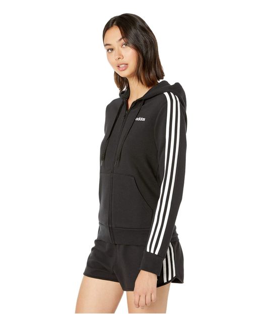 adidas Essential Fleece 3-stripe Zip Hoodie in Black/White (Black ...