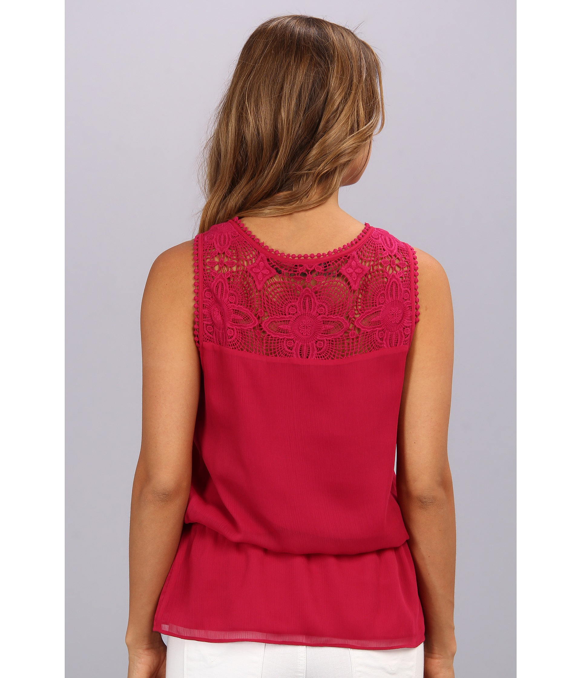 Lyst - Adrianna Papell Sleeveless Blouse W Lace Trim Peplum Detail in Red