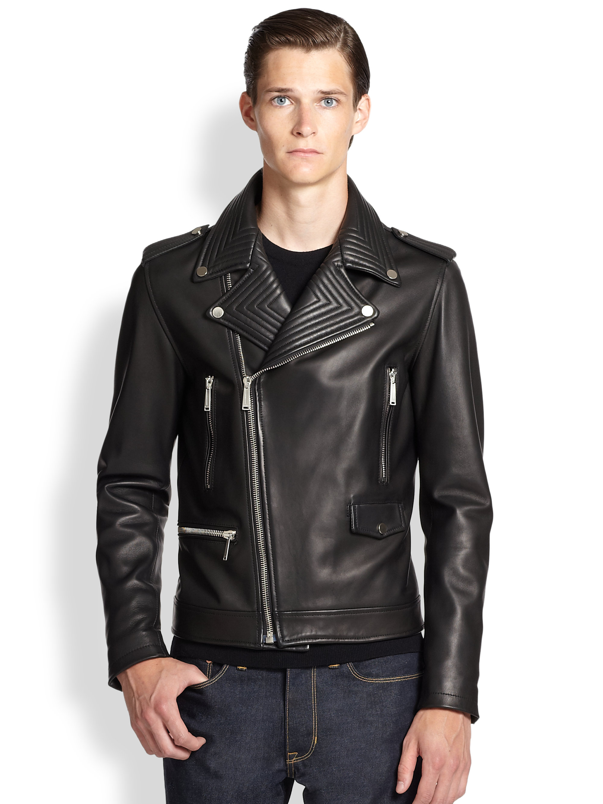 Kent and curwen Formal Leather Biker Jacket in Black for Men | Lyst