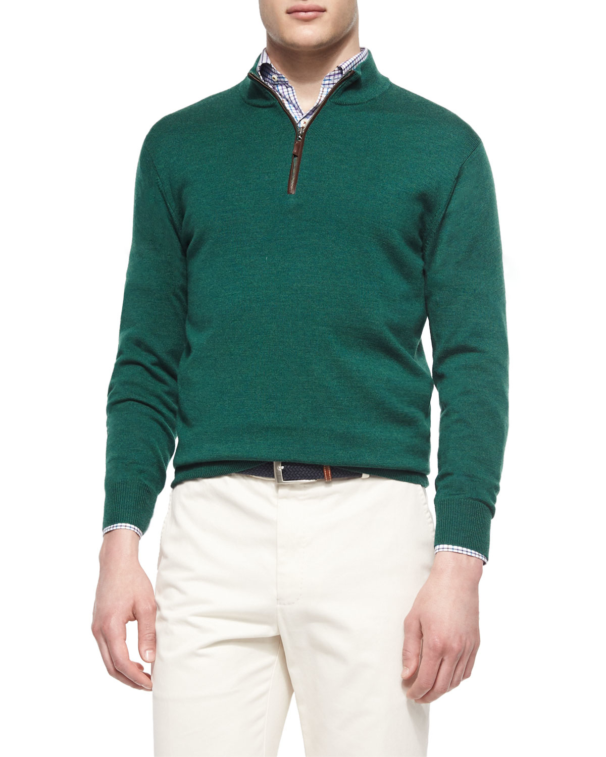 Peter millar Leather-placket Quarter-zip Pullover in Green for Men | Lyst