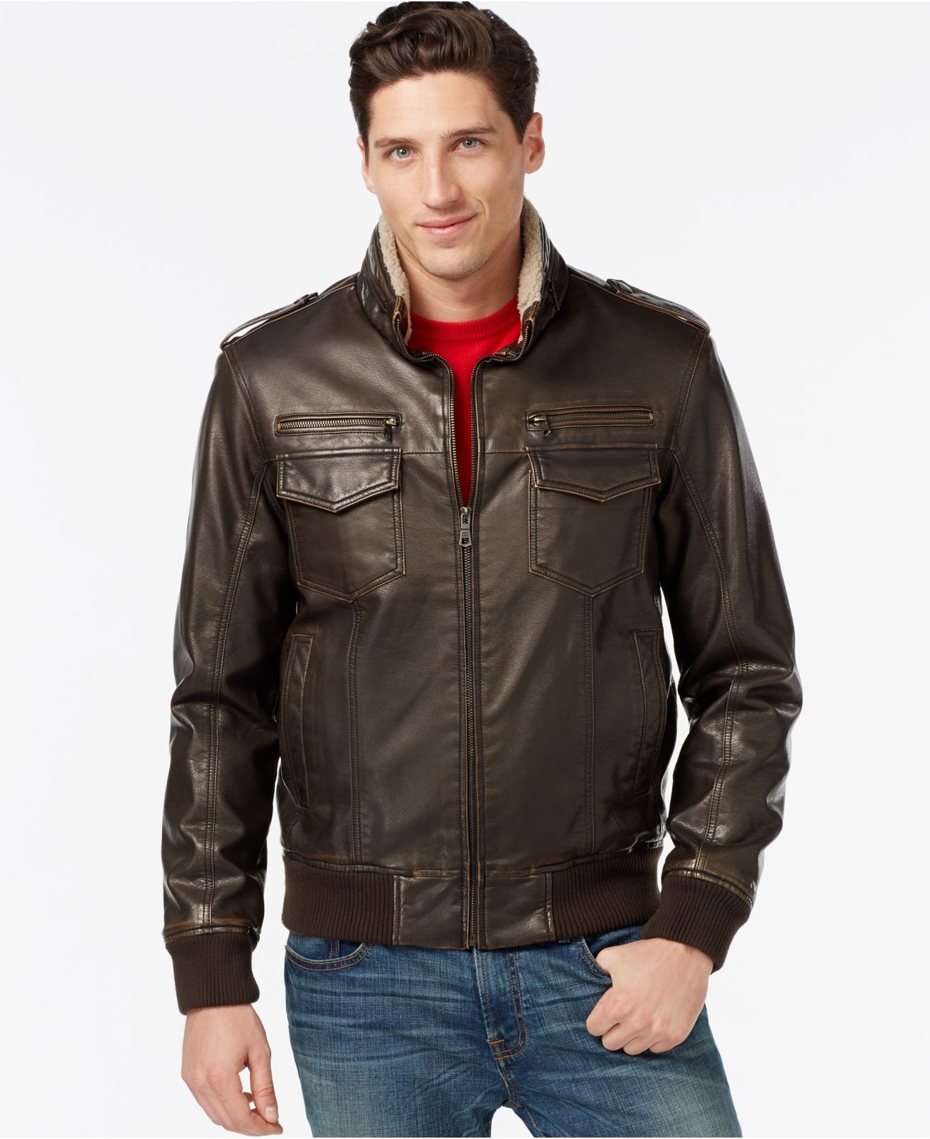 Tommy Hilfiger Men's Leather Faux Sherpa Fur Military Bomber Jacket ...