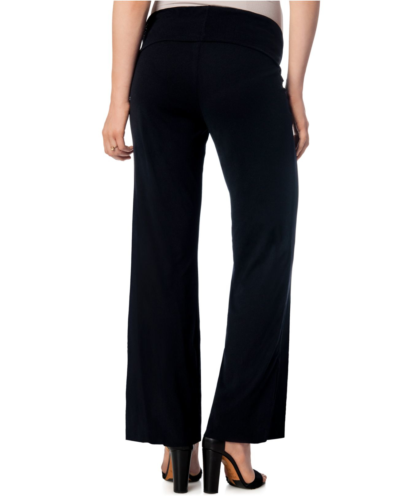 Maternity wide leg jeans Motherhood Maternity's pants boast a wide-leg silhouette and the seamless support of a patented Secret Fit Belly. Maternity pants; Secret Fit Belly® waistband can be folded down on worn over the belly for additional support.