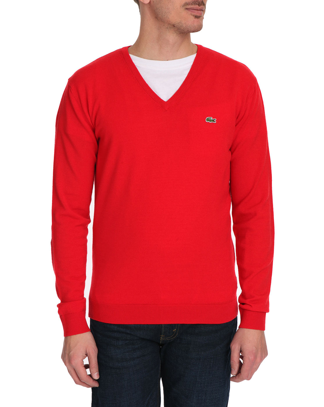 Lacoste Red V-Neck Sweater With Navy Blue Elbow Patches in Red for Men ...