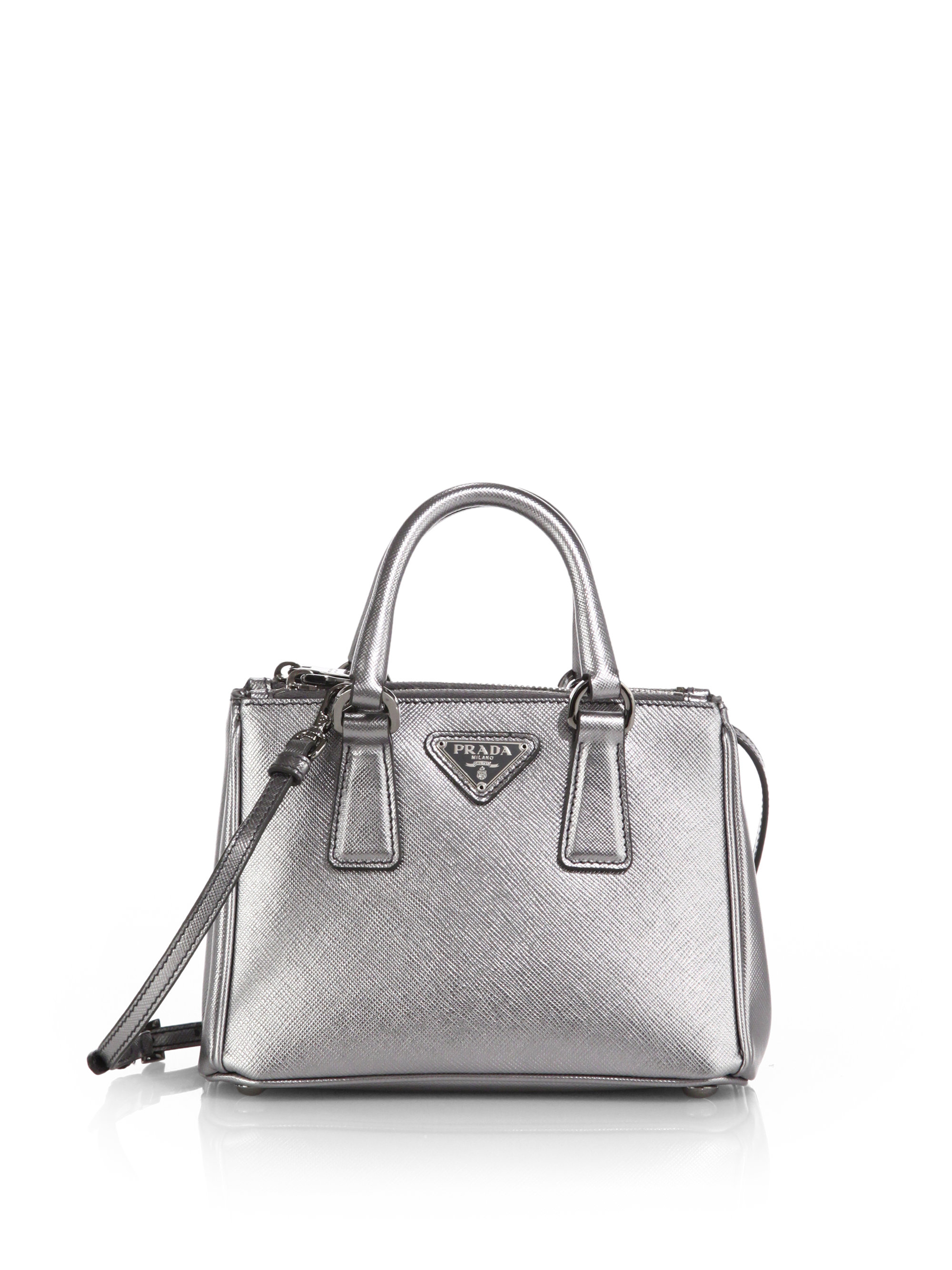 Prada Saffiano Lux Mini Satchel in Silver (CROMO-CHROME) | Lyst