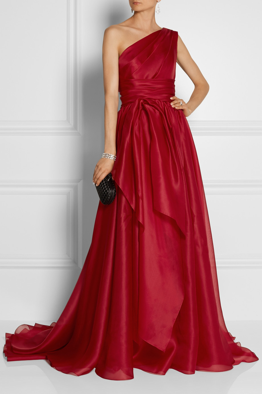 Marchesa One-Shoulder Draped Silk-Gazar Gown in Red - Lyst