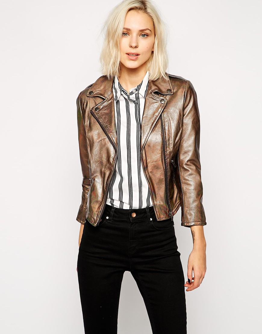Muubaa Brastern Cropped Leather Biker Jacket In Metallic Lyst Gallery Women S Cropped Leather Jackets