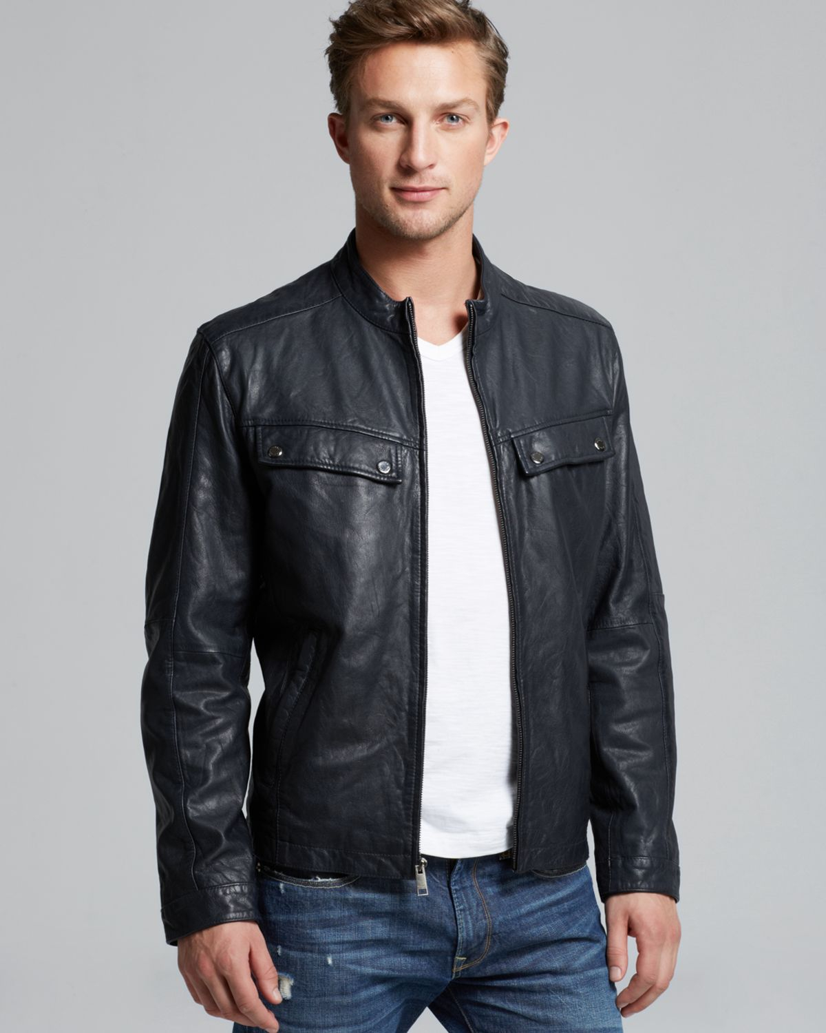 Marc new york Leather Moto Jacket in Blue for Men | Lyst