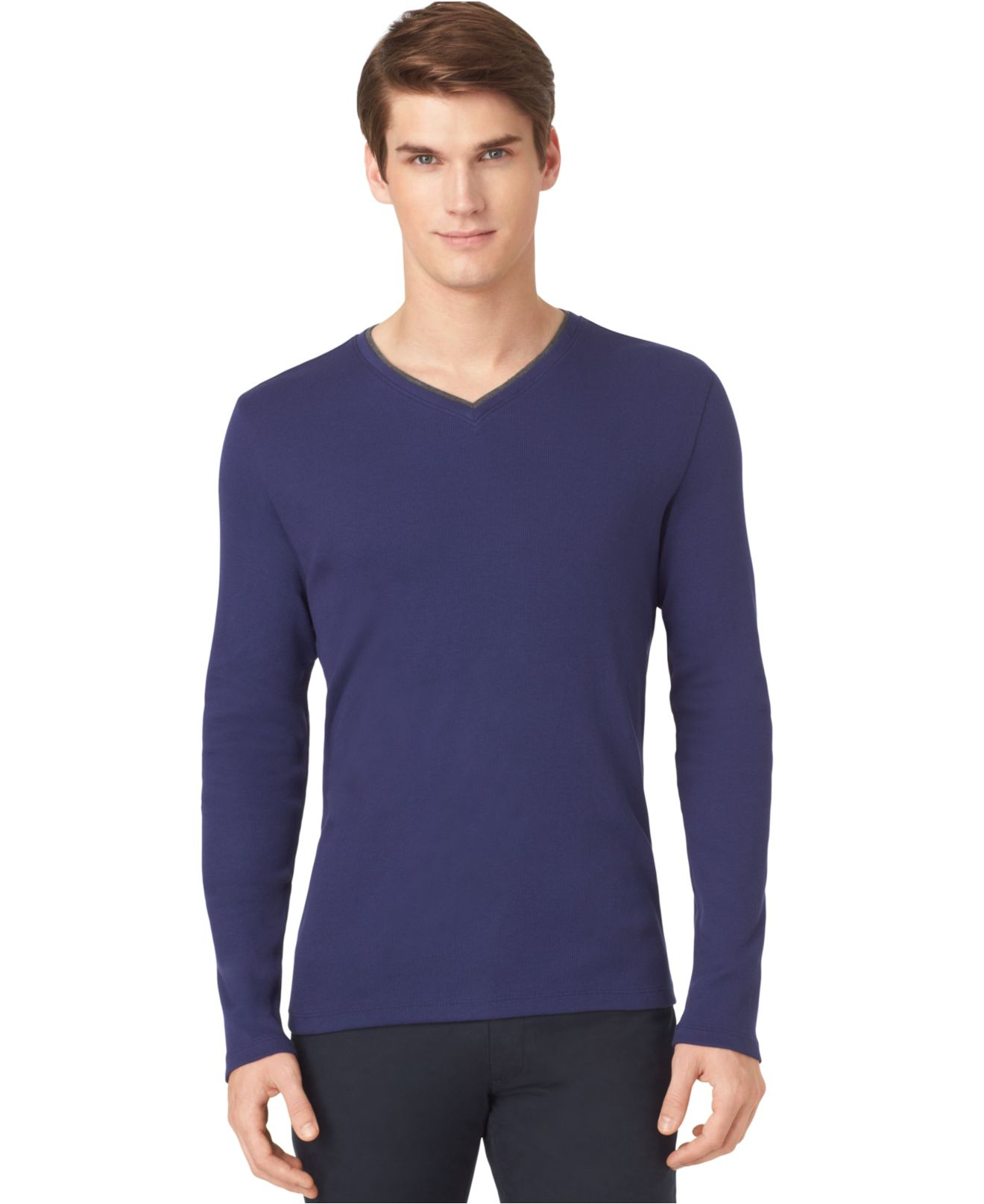 Lyst Calvin Klein Ribbed VNeck TShirt in Blue for Men