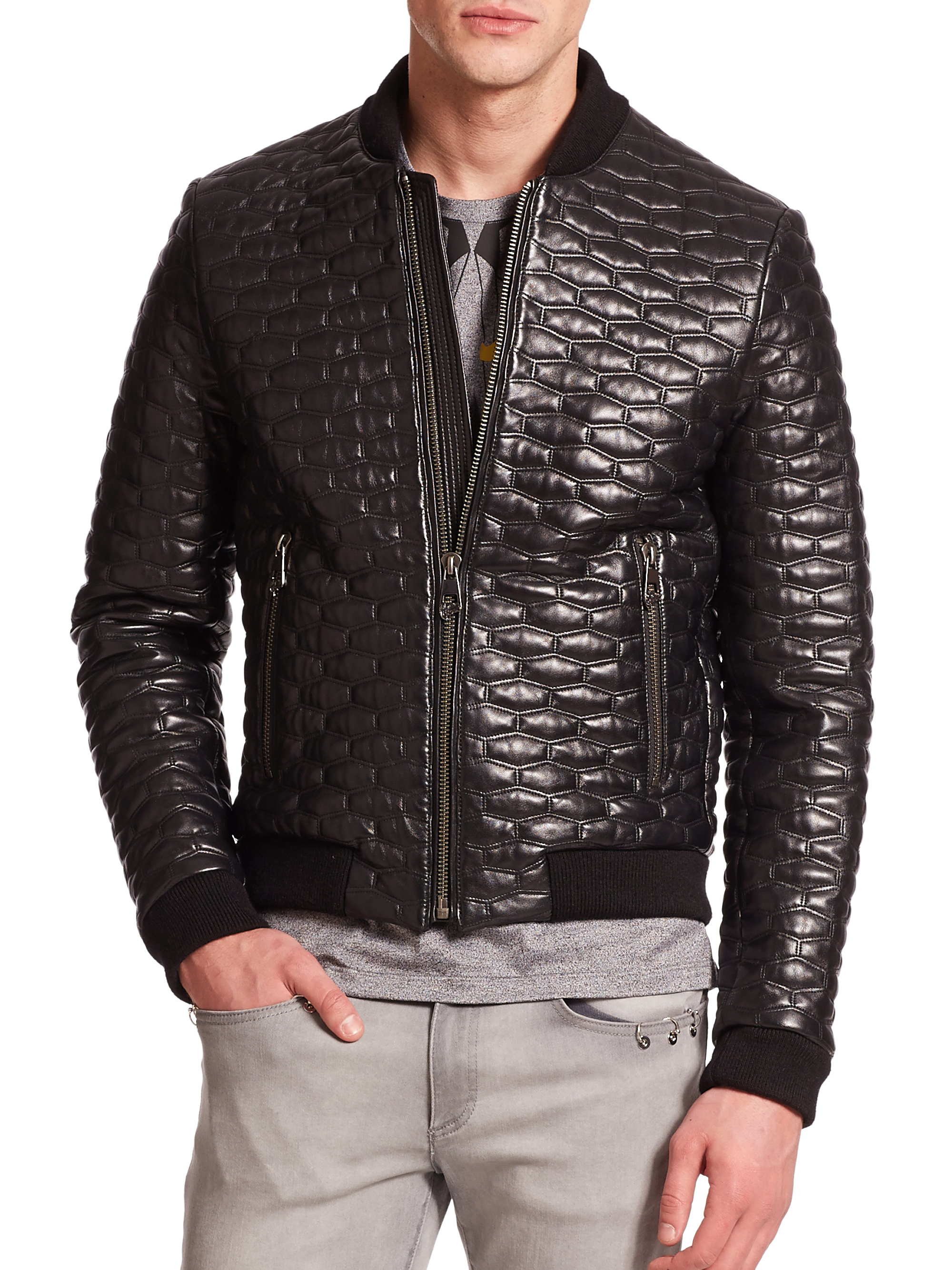 Versace Quilted Leather Jacket in Black for Men | Lyst